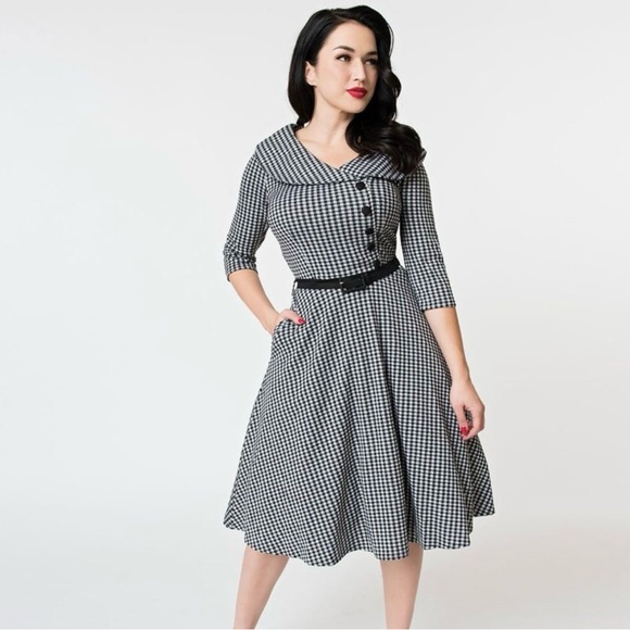 Voodoo Vixen Dresses & Skirts - VOODOO VIXEN Midi 50s Style Houndstooth Belted Swing Dress Size Small